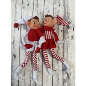 Vintage 9" Pixie Elf 2 Elves Felt Red White Christmas Retro Bows Striped